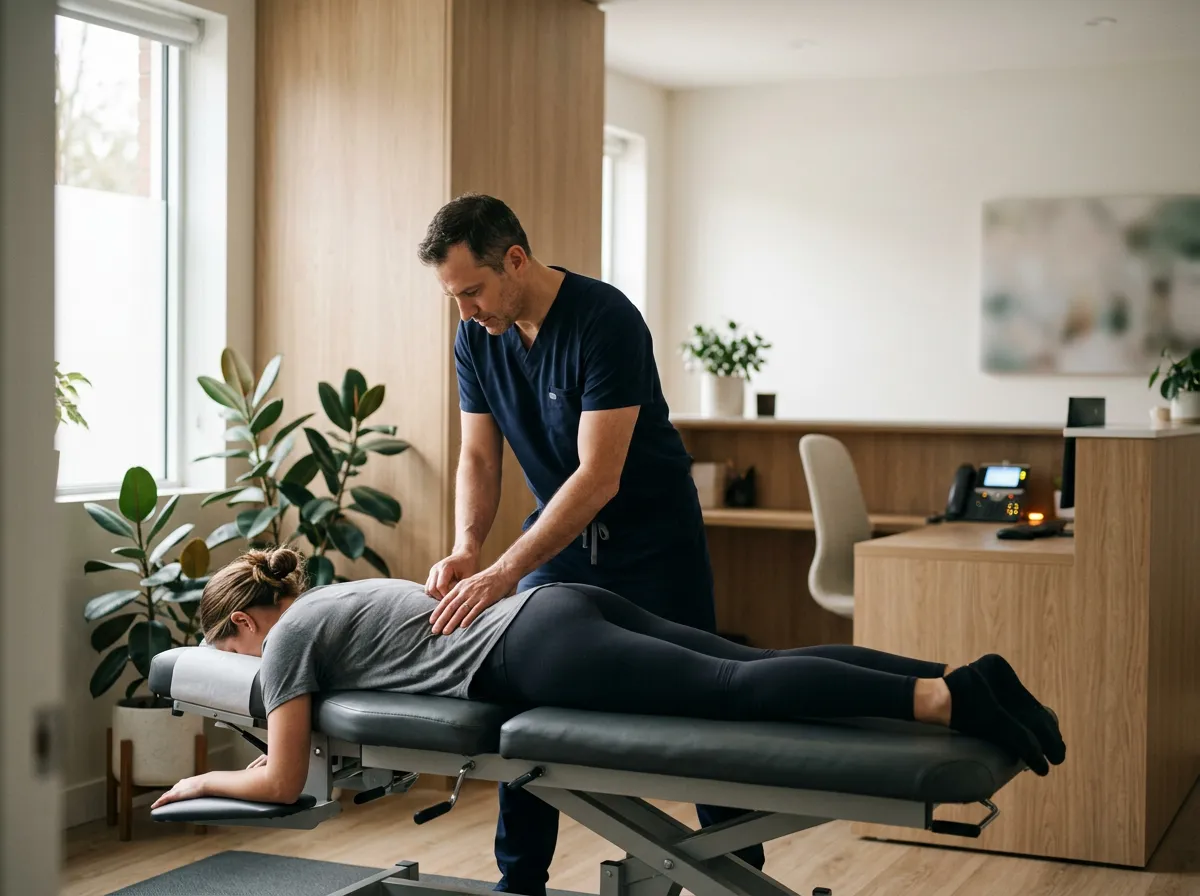 A chiropractor adjusts a patient on a treatment table while the desk phone sits unattended at the front counter behind them.
