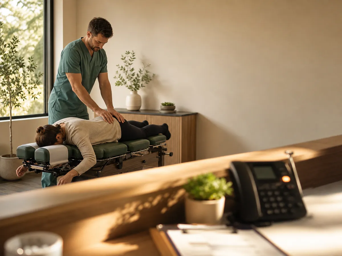 A chiropractor in green scrubs adjusts a patient on a treatment table in a warm, sunlit clinic, while an unattended reception counter in the foreground holds a desk phone with an illuminated line.