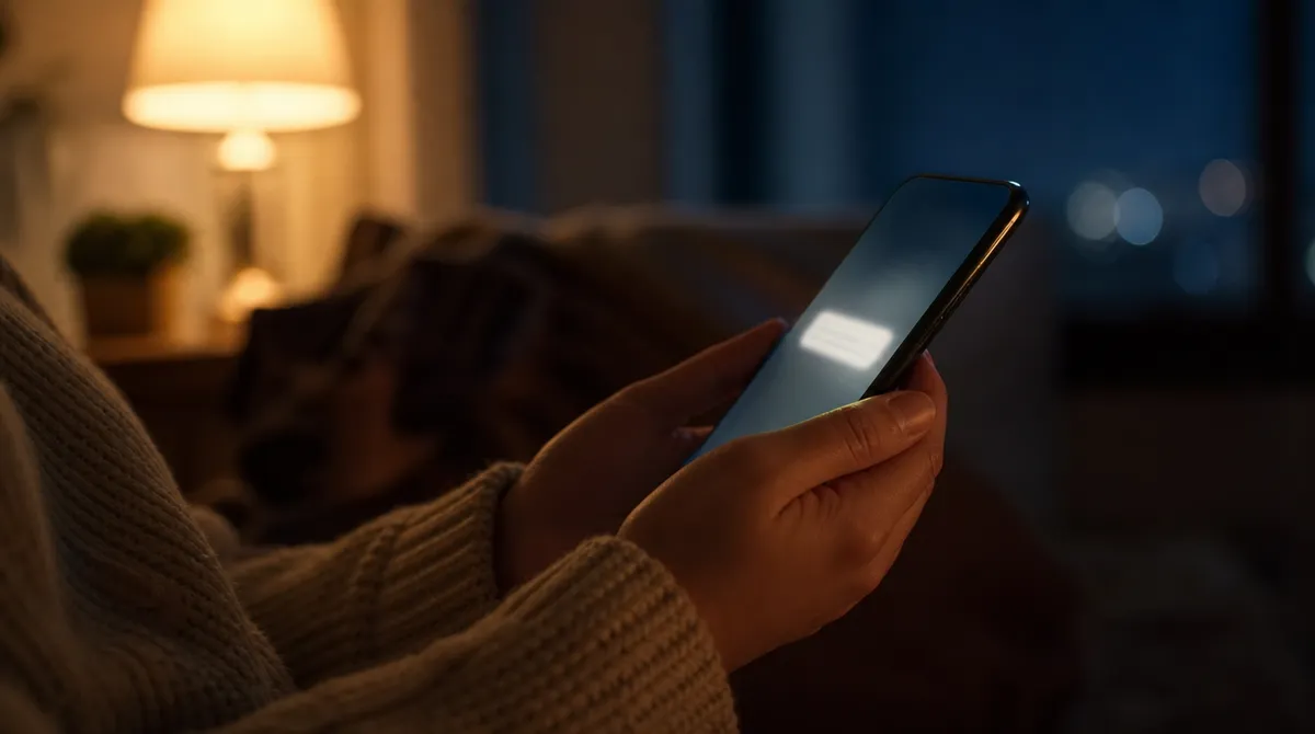 Close-up of hands holding a glowing phone in a dim living room late at night.