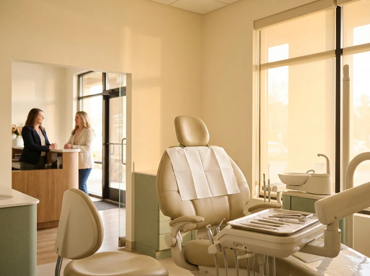 An empty dental chair in a bright operatory in morning light, bib and instruments laid out for a patient who is not coming, while a front desk coordinator helps a patient at the counter in the background.