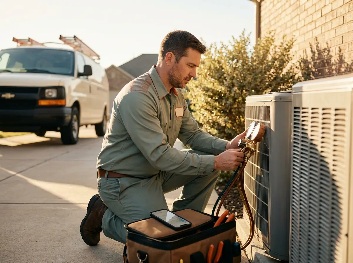 An HVAC technician kneels beside an outdoor condenser unit on a residential concrete pad in late afternoon light, reading a gauge set, with his service van blurred in the driveway behind him and a phone lying face-up and unattended on his open toolbag in the foreground.