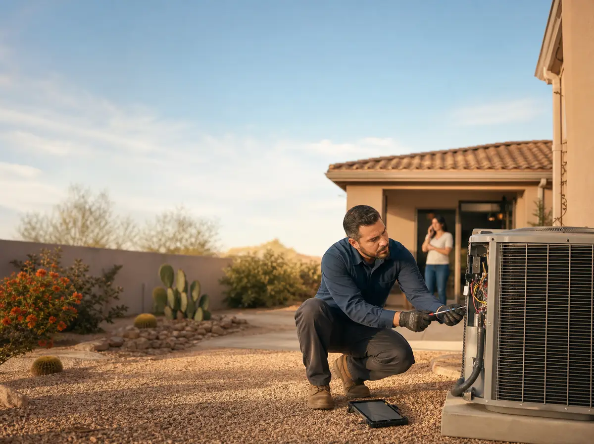 An HVAC technician crouches beside an outdoor condenser unit in a sun-washed Southwest backyard with a service tablet on the gravel, while a homeowner holds a phone to her ear in the open patio doorway behind him.