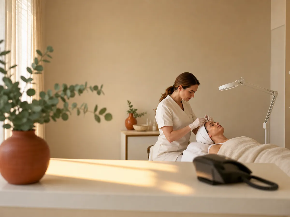 An aesthetician in a cream uniform leans over a relaxed client mid-facial in a small, warm med spa treatment room while a phone waits on an empty, unattended reception desk in the soft-focus foreground.