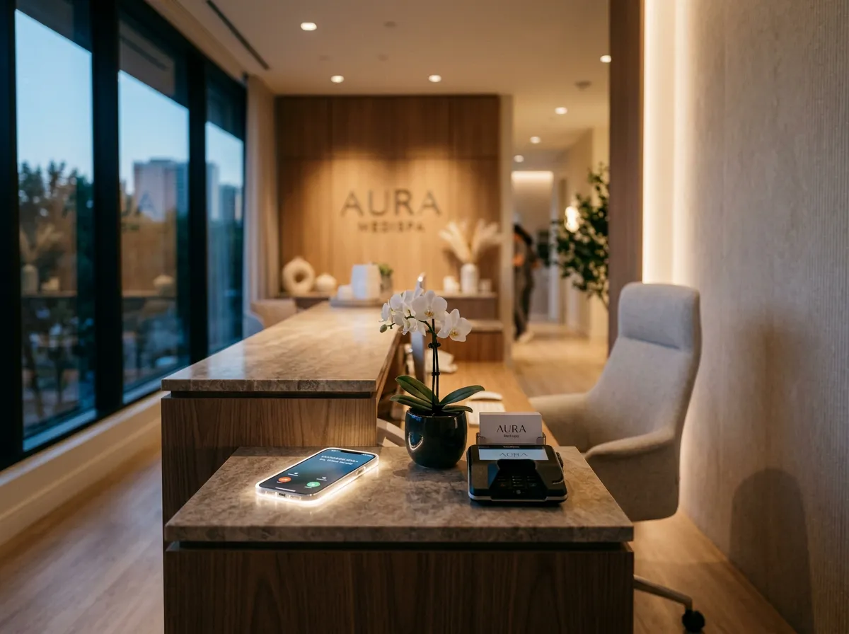 A warm, modern med spa reception desk with an orchid and a phone lighting up with an incoming call, and no one there to answer it.