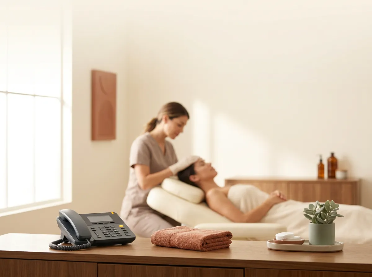 A warm modern med spa treatment room where an aesthetics practitioner leans over a reclined client in the softly blurred mid-ground, while an unattended desk phone with a single lit indicator sits in sharp focus on a clean counter beside a folded towel and a small ceramic tray.