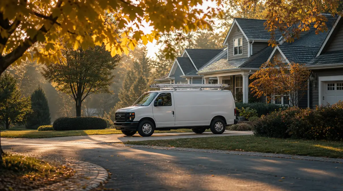 A white plumbing service van parked in the driveway of a suburban home on an autumn morning.