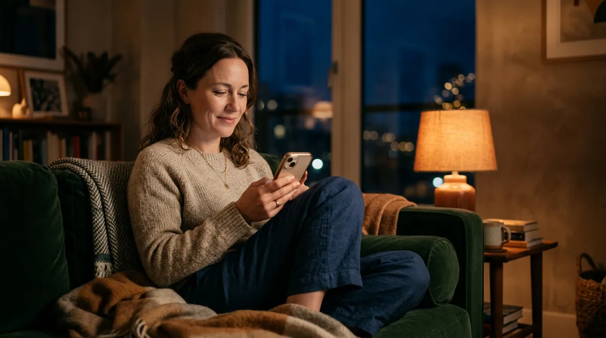 A woman curled up on a couch in a lamplit living room at night smiles at her phone as she reaches out about a home.