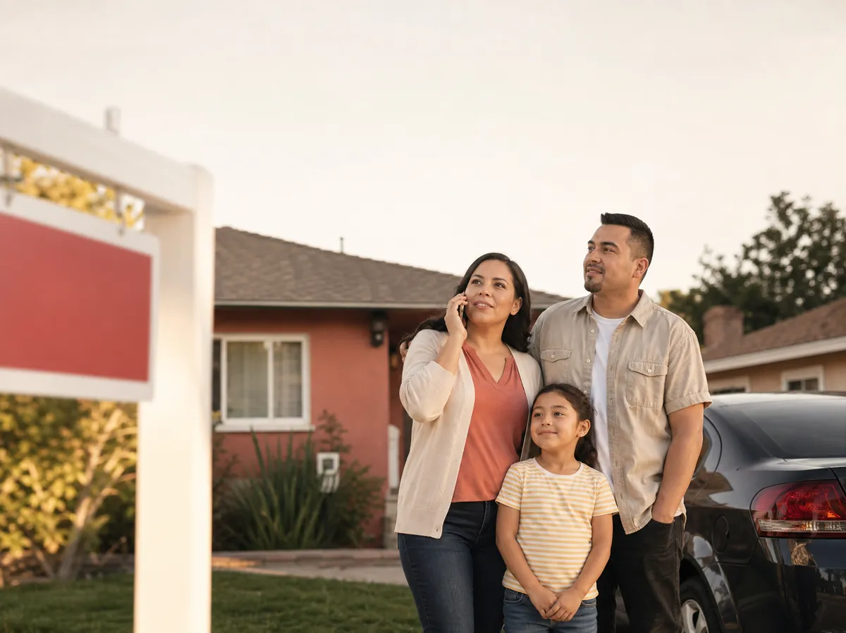 A Latino family of three stands on a sunlit sidewalk beside their car in front of a suburban home with a for-sale sign, the mother holding a phone to her ear with a hopeful, waiting expression.