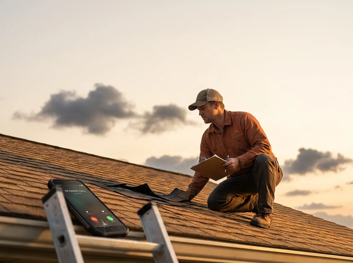 A roofer kneels on a residential rooftop at sunset with a clipboard, inspecting a torn shingle, while a phone on the ladder rung in the foreground lights up with an incoming call.