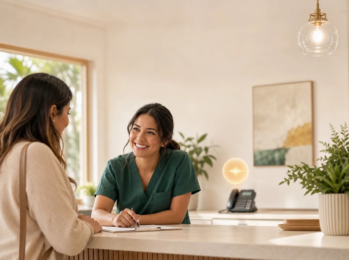 A front-desk coordinator in scrubs helps a patient at a warm dental reception counter while the office phone waits nearby.
