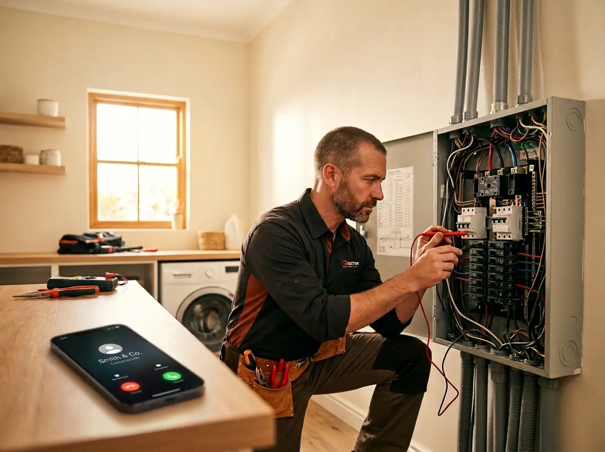 An electrician kneels at an open electrical panel with a voltage tester while a phone lights up with an incoming call in the foreground.