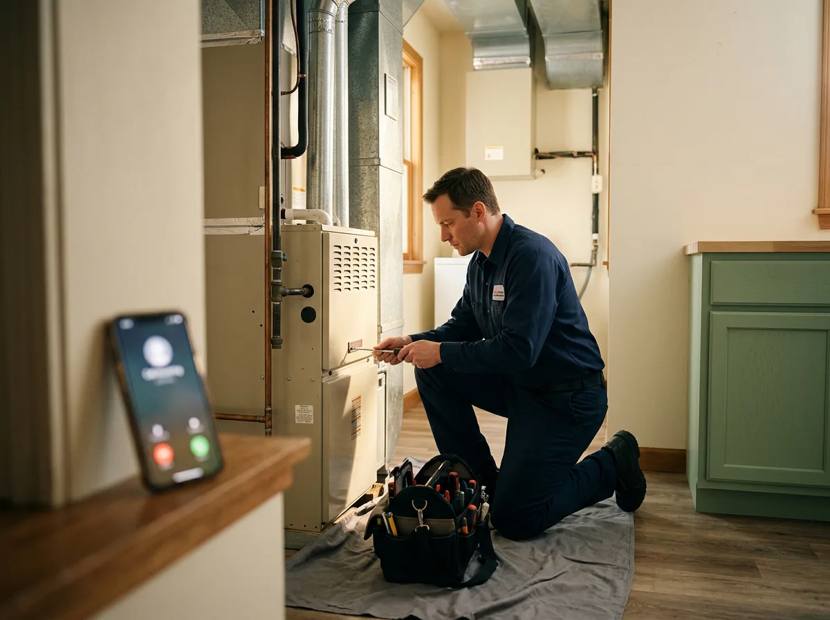An HVAC technician services a furnace while a phone rings nearby.