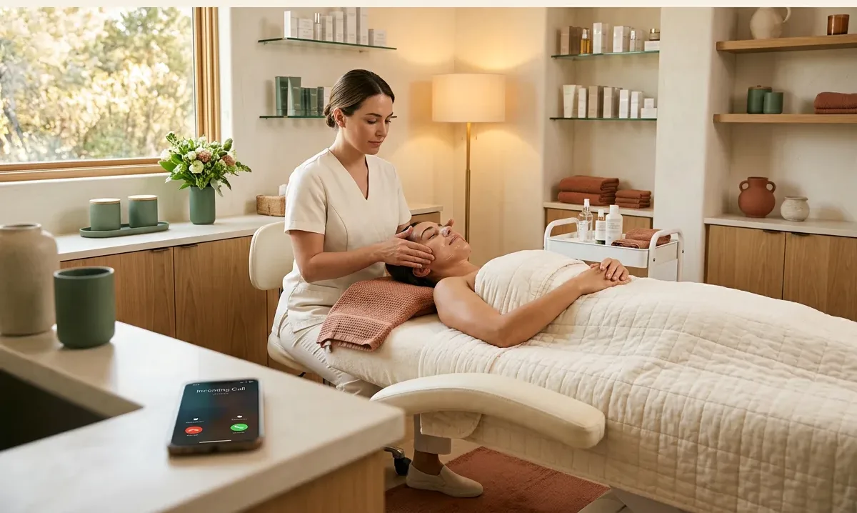 An esthetician gives a facial in a calm med spa room while a phone rings on the counter.
