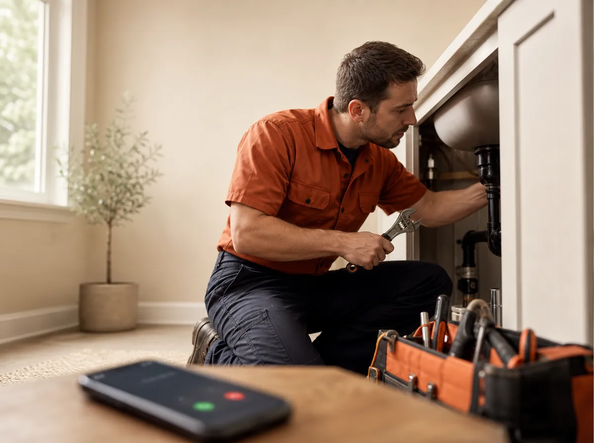 A plumber kneels beside an under-sink cabinet with a wrench while a phone lights up with an incoming call in the foreground.