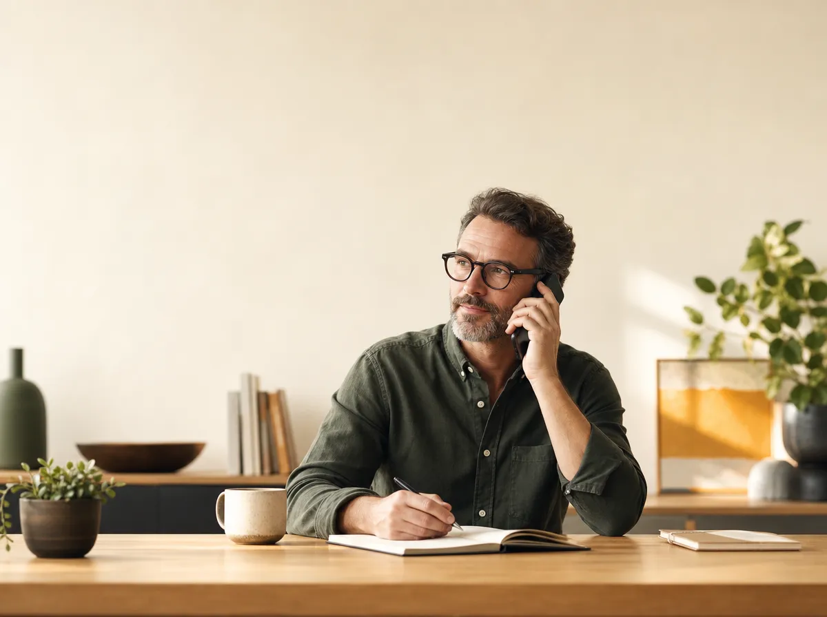 A small business owner sits at a warm wooden desk holding a phone to their ear with a calm, considering expression.