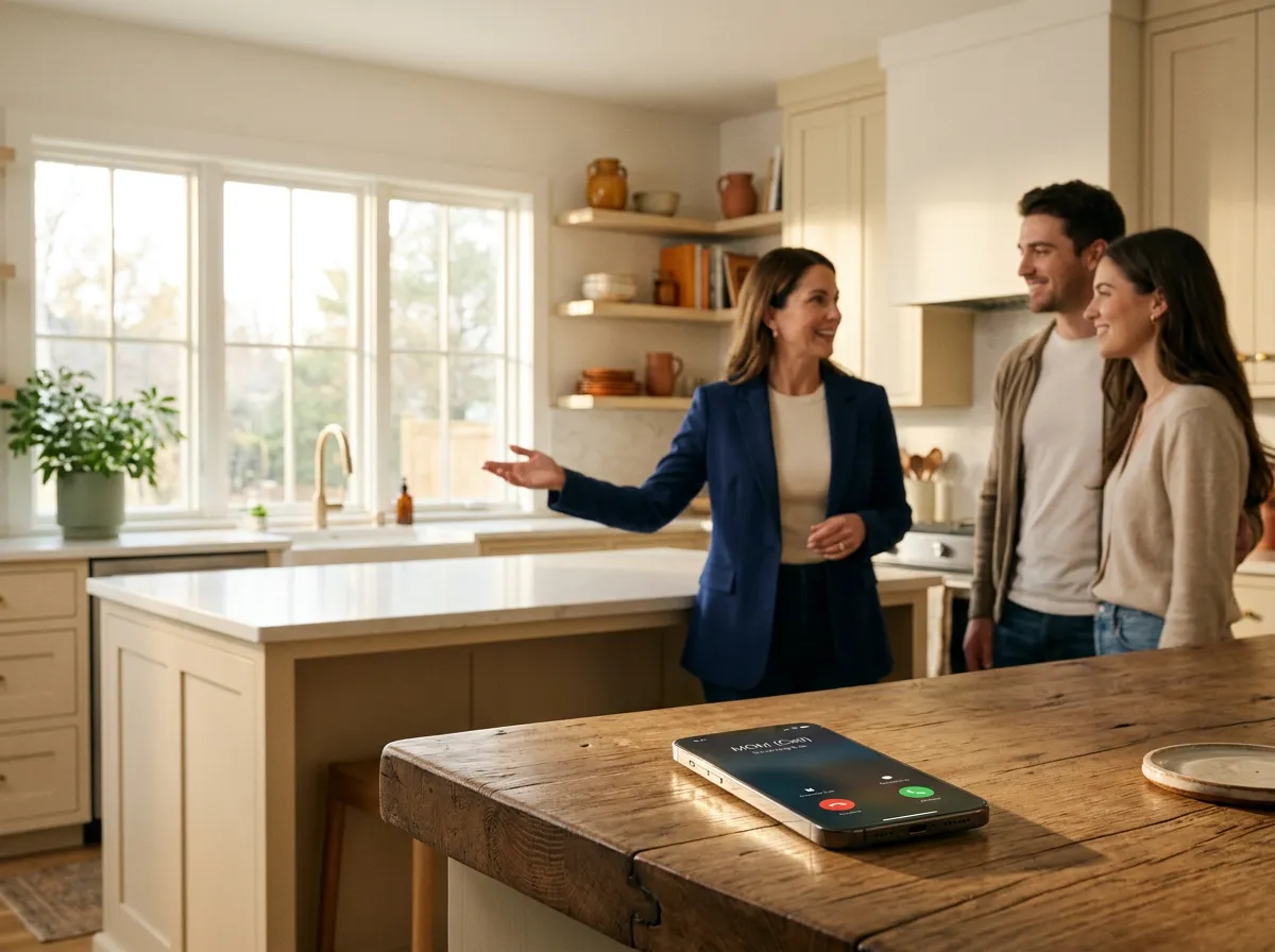 A real estate agent shows a couple a bright kitchen while her phone lights up with an incoming call on the counter.