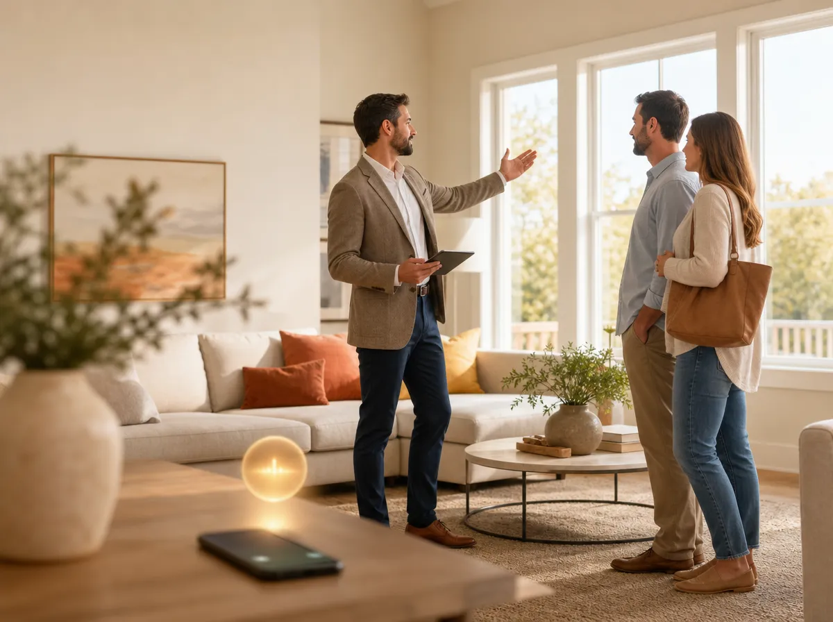 A real estate agent shows a couple through a bright staged living room while a phone lights up with an incoming call in the foreground.