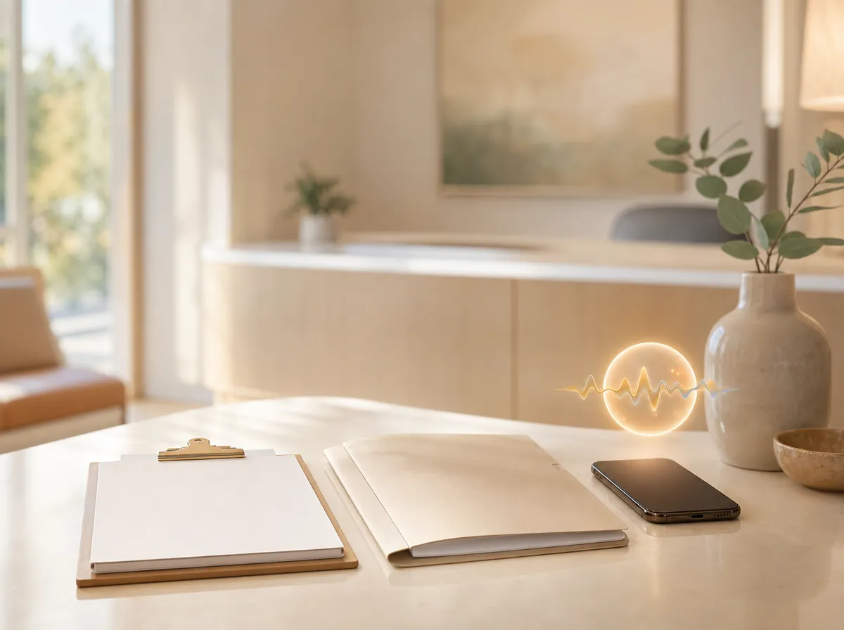 A sunlit front-office desk with a clipboard, a patient file folder, and a smartphone, everything prepared before the visit.