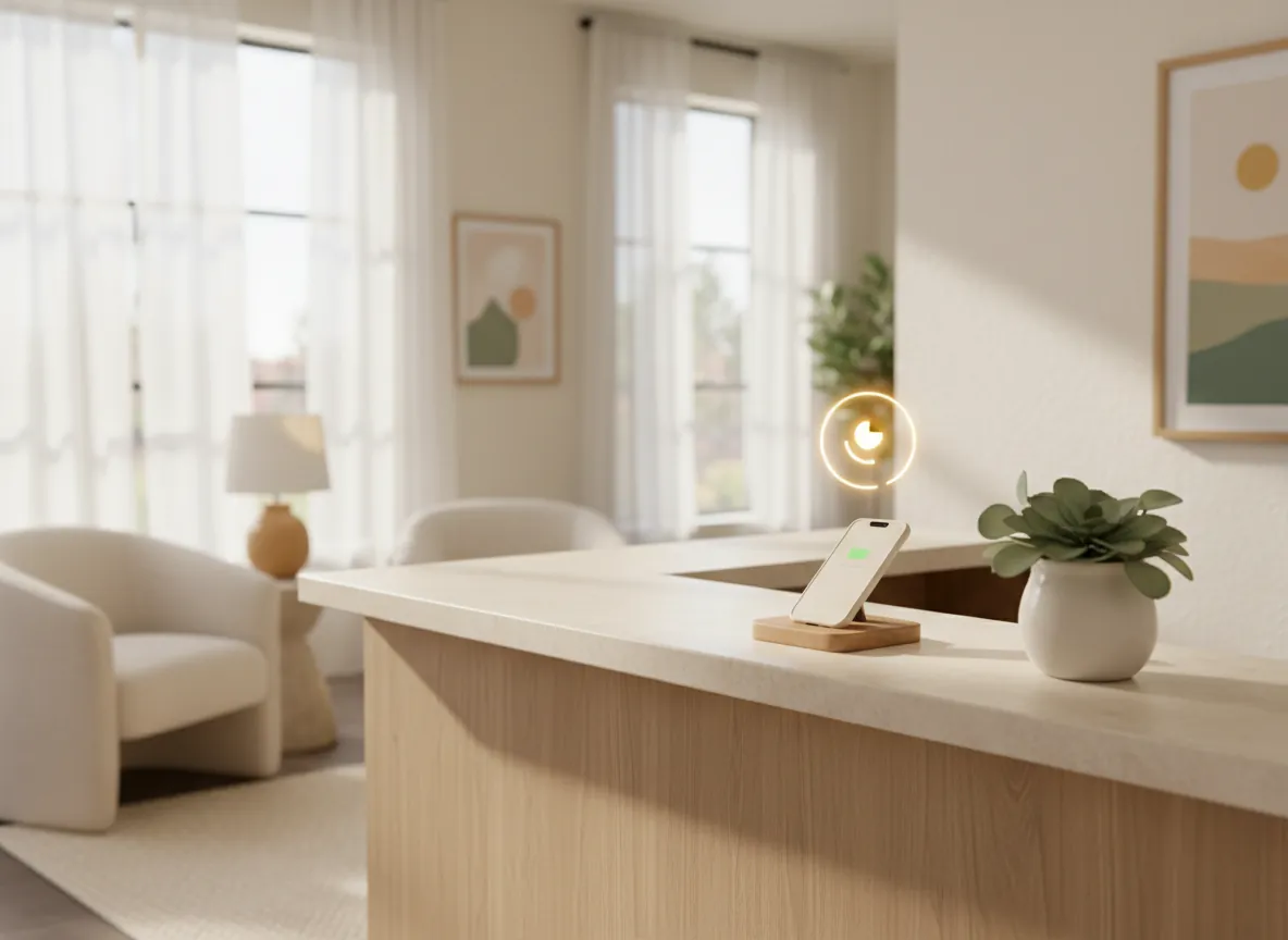 A calm, sunlit reception counter with a phone on a stand showing a connected call, a plant, and a soft armchair in the background.