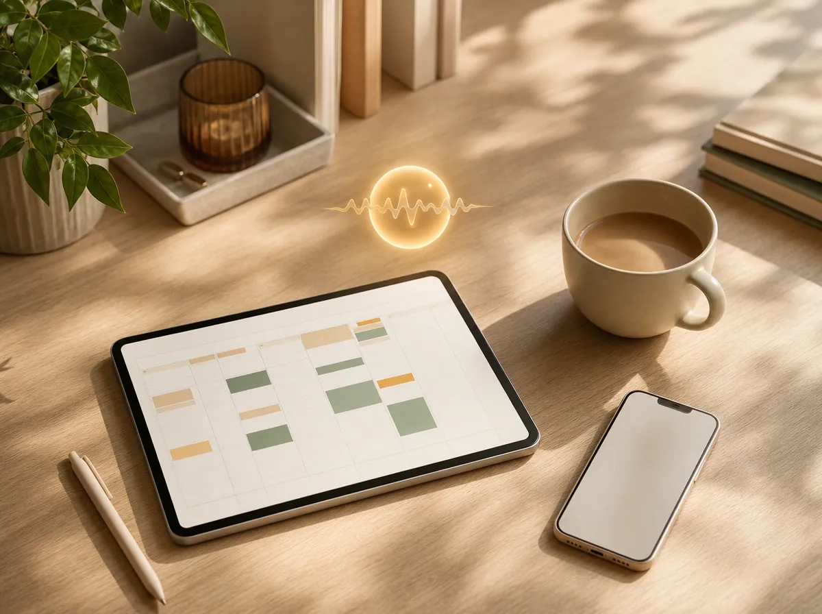 A sunlit wood desk with a tablet showing a color-blocked appointment calendar, a coffee, a phone, and a soundwave orb.