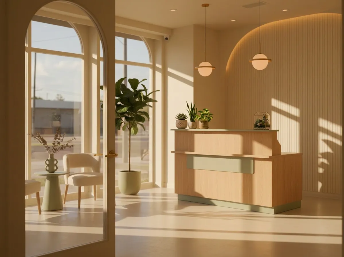 A warm, sunlit reception area with a light-wood front desk, plants, and comfortable seating.